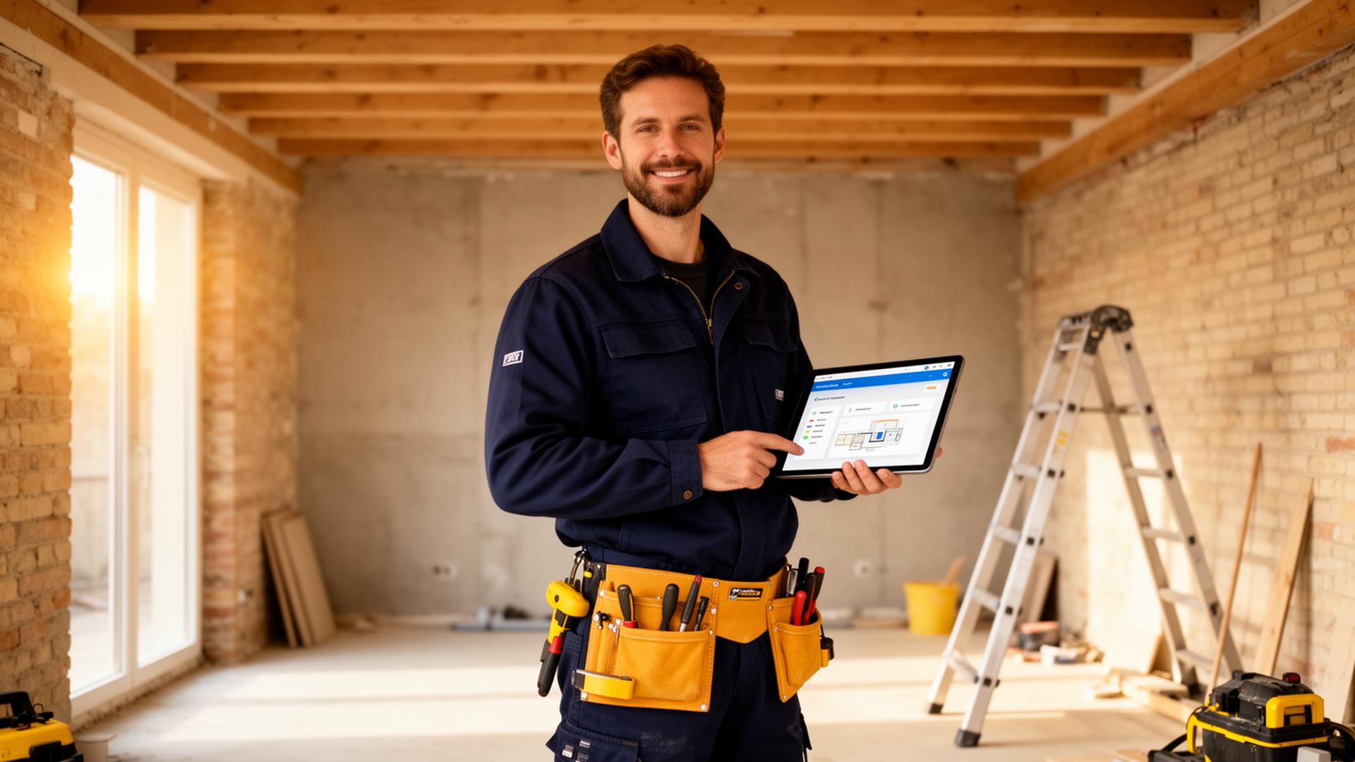 Artisan du bâtiment fier sur un chantier de rénovation, tablette en main avec Lartisan